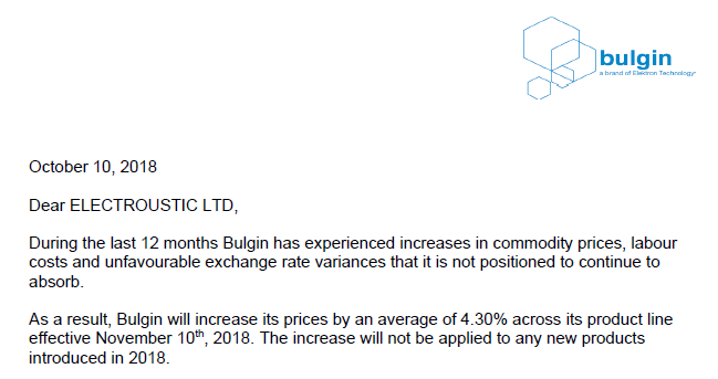 Bulgin Price Increase